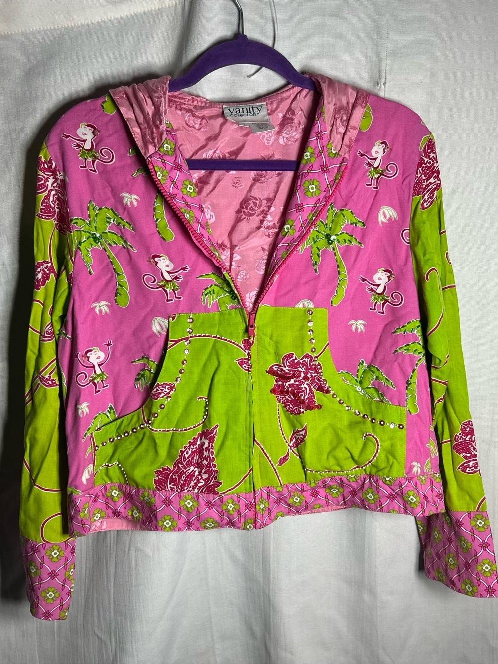 Vanity Pink and Lime Hooded Zip Bomber Jacket